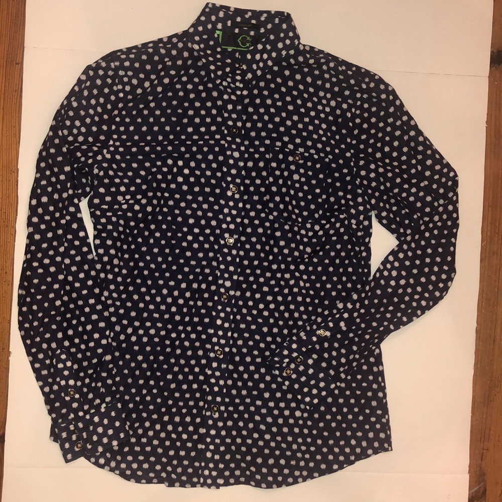 Navy button down with white ikat dot pattern